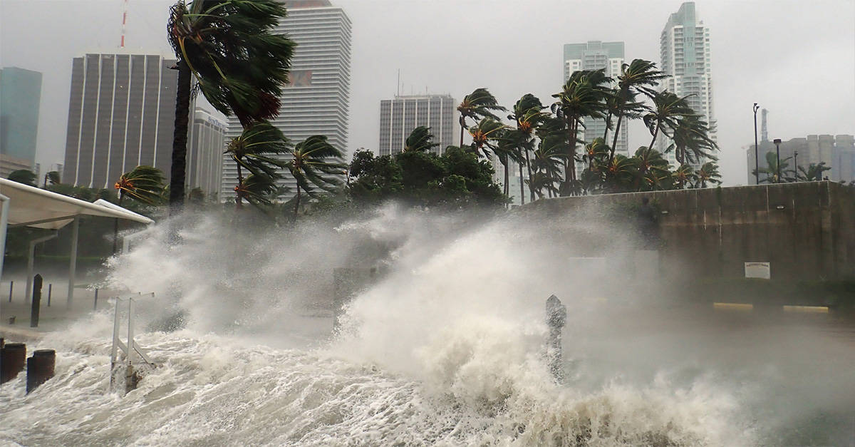 Extreme wind and surf resulting from hurricane coming ashore at a coastal city